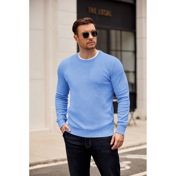 Men's Crewneck Sweater Dress Long Sleeve Pullover Sweater Knit Sweaters Blue - Picture 3 of 6